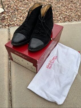 Salvatore Ferragamo Black Suede and Leather Lace-Up Ankle Boots